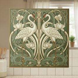 Two Cranes Art Nouveau Pat#10 Olive Ivory ID1193 タイル