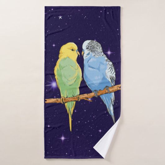 Two cute blue and green Budgie バスタオル (バスタオル)