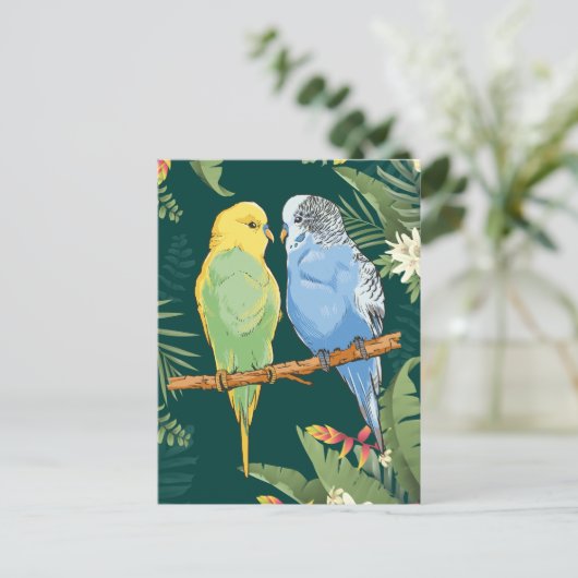 Two cute blue and green Budgie ポストカード (スタンド正面)