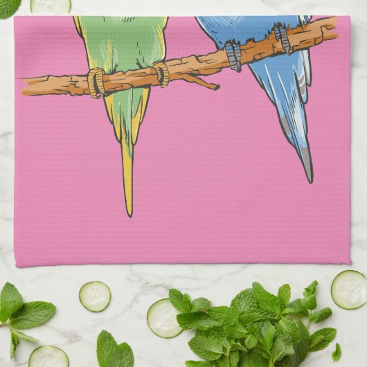 Two cute blue and green Budgies キッチンタオル (折り畳み)