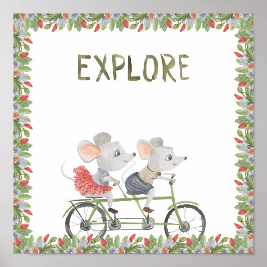 Two Cute Mice On A Bike Explore Text Poster ポスター (正面)