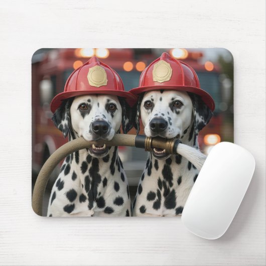 Two Dalmatian Dogs Holding a Fireman Hose マウスパッド (マウス)