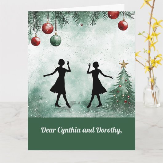 Two Dance Teachers Twirling Thankful Christmas カード (黄色い花)