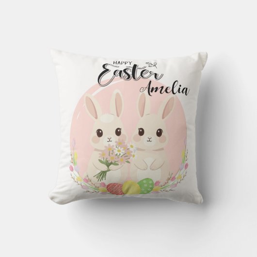 Two Easter Bunnies Personalized Throw Pillow クッション (正面)
