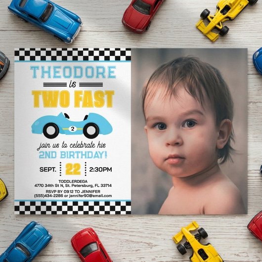 Two Fast レーシングカー 2歳の誕生日パーティーの写真 招待状