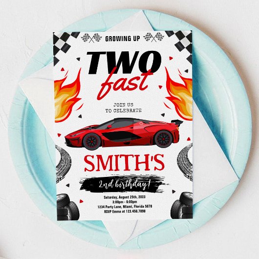 Two Fast レースカー 2歳の誕生日招待状 招待状