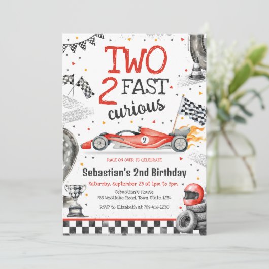 Two Fast 2 Curious Race Car Boy 2nd Birthday 招待状 (スタンド正面)