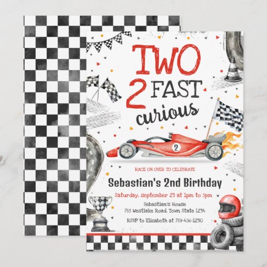 Two Fast 2 Curious Race Car Boy 2nd Birthday 招待状 (正面/裏面)
