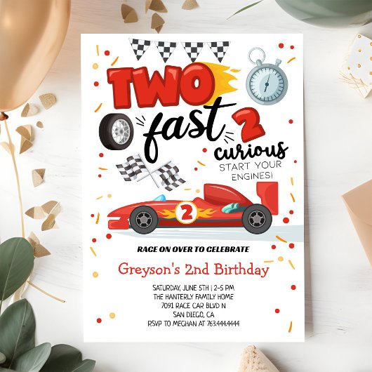 Two Fast 2 Curious Racing Car Red 2nd Birthday 招待状