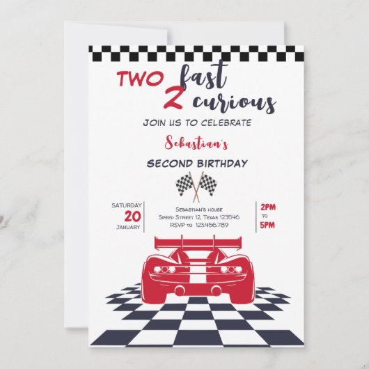 Two fast 2 curious second kids birthday 招待状 (正面)