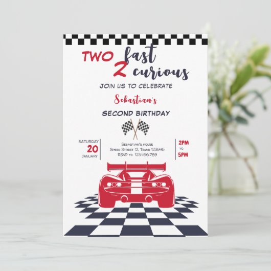 Two fast 2 curious second kids birthday 招待状 (スタンド正面)