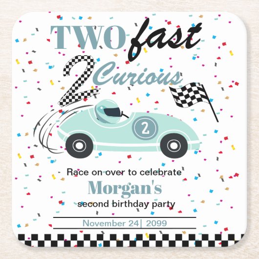 Two Fast 2Curious 青いスポーツカー 2歳の誕生日 スクエアペーパーコースター (正面)