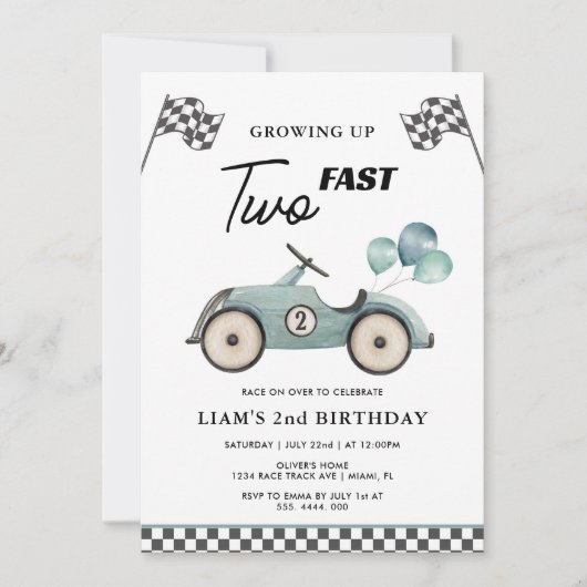 TWO FAST BLUE RACE CAR BOYS 2nd誕生日 招待状 (正面)