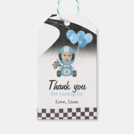 Two Fast Blue Race Car Custom Photo 2nd Birthday ギフトタグ