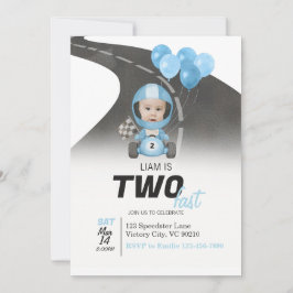 Two Fast Blue Race Car Custom Photo 2nd Birthday 招待状