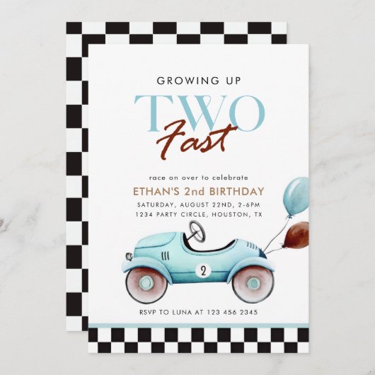 TWO Fast Race Car 2nd Birthday Blue boy 招待状 (正面/裏面)