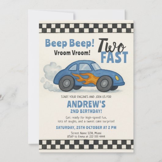 Two Fast Race Car Birthday 招待状 (正面)