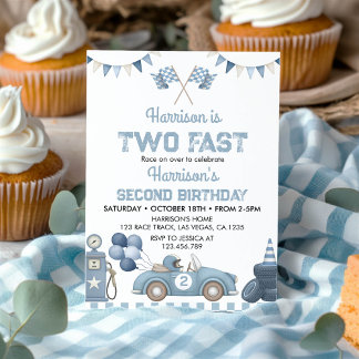 Two Fast Race Car Blue Boy Birthday Party 招待状