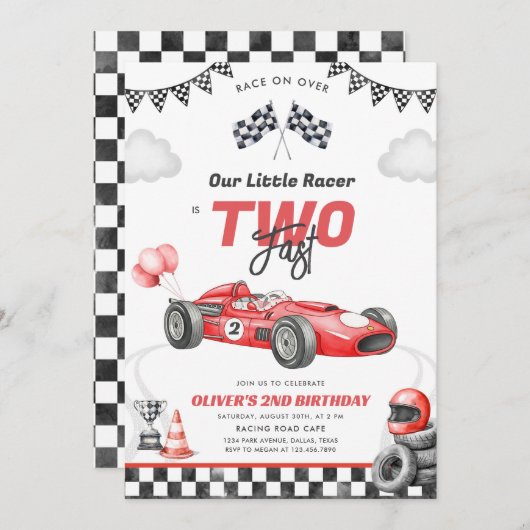 Two Fast Race Car Boy 2nd Birthday Invitation 招待状 (正面/裏面)