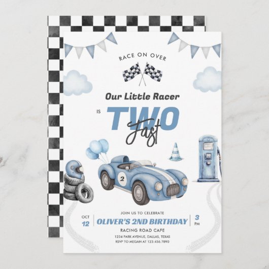 Two Fast Race Car Boy 2nd Birthday Invitation 招待状 (正面/裏面)