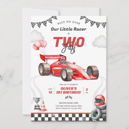 Two Fast Race Car Boy 2nd Birthday Invitation 招待状 (正面)