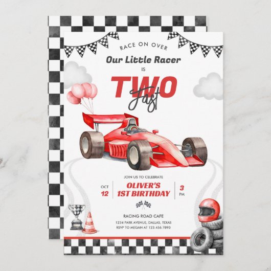 Two Fast Race Car Boy 2nd Birthday Invitation 招待状 (正面/裏面)