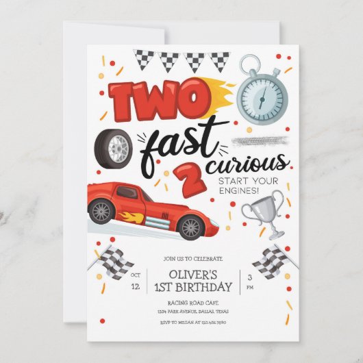 Two Fast Race Car Boy 2nd Birthday Invitation 招待状 (正面)