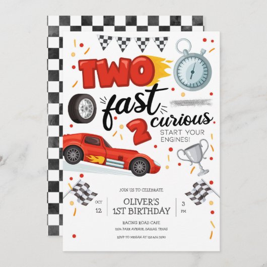 Two Fast Race Car Boy 2nd Birthday Invitation 招待状 (正面/裏面)