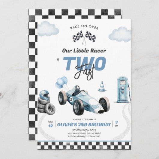 Two Fast Race Car Boy 2nd Birthday Invitation 招待状 (正面/裏面)