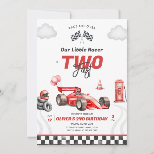 Two Fast Race Car Boy 2nd Birthday Invitation 招待状 (正面)
