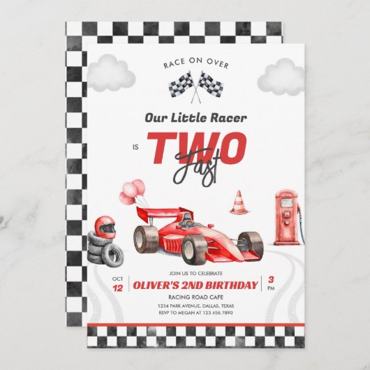 Two Fast Race Car Boy 2nd Birthday Invitation 招待状 (正面/裏面)