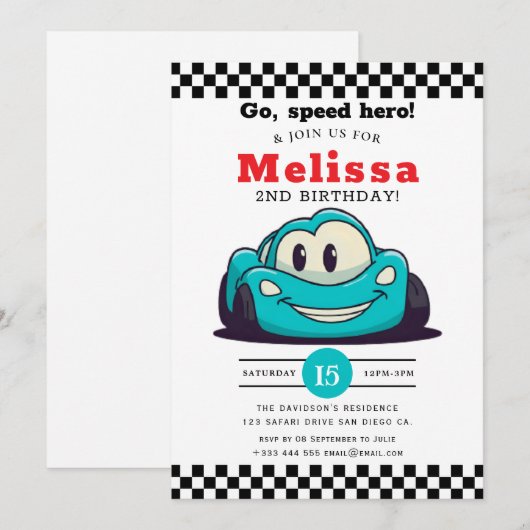 Two Fast Race Car Boy 2nd Birthday Party 招待状 (正面/裏面)