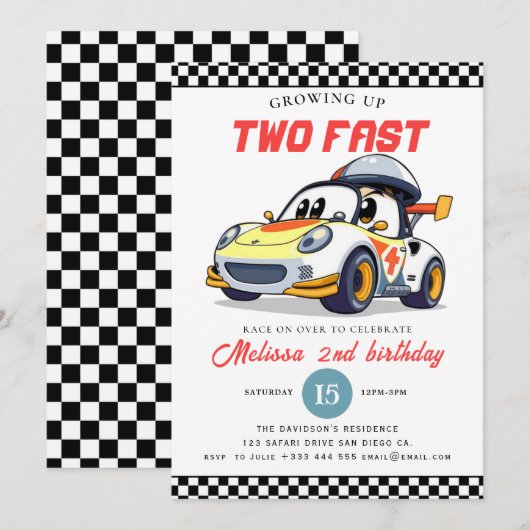 Two Fast Race Car Boy 2nd Birthday Party 招待状 (正面/裏面)