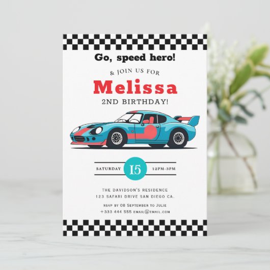 Two Fast Race Car Boy 2nd Birthday Party  招待状 (スタンド正面)