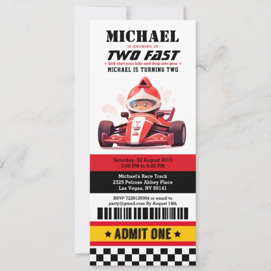 Two Fast Race Car Ticket Pass Second Birthday 招待状 (正面)