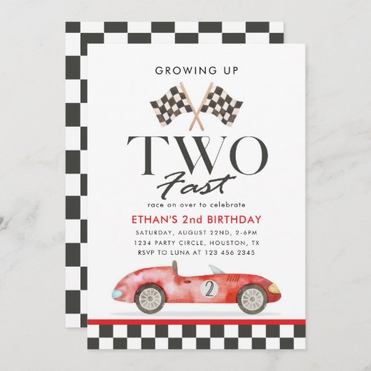 TWO Fast Race Red Car 2nd Birthday boy 招待状 (正面/裏面)