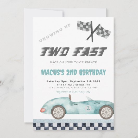 TWO FAST RACING CAR BIRTHDAYパーティー 招待状 (正面)