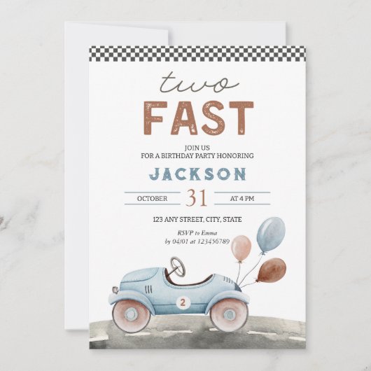 TWO FAST RACING CAR BLUE BOY 2nd誕生日 招待状 (正面)