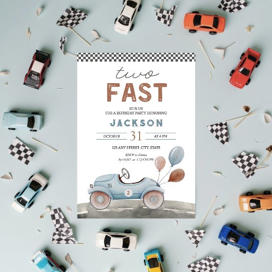 TWO FAST RACING CAR BLUE BOY 2nd誕生日 招待状