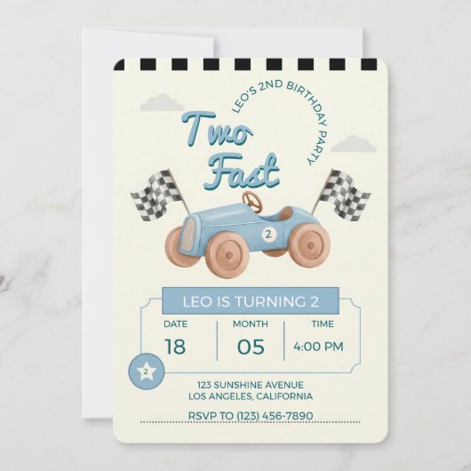 Two Fast Racing Car Boy 2nd Birthday 招待状 (正面)