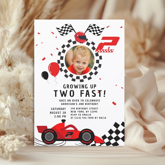 Two Fast Red Race Car 2nd Birthday Photo 招待状