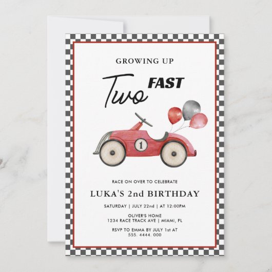 TWO FAST RED RACE CAR BOYS 2nd Birthday 招待状 (正面)