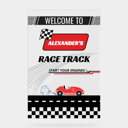 Two Fast retro red race car boy birthday welcome アクリルサイン (正面)