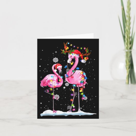 Two Flamingo With Santa Hat And Lights Merry Chris カード (正面)