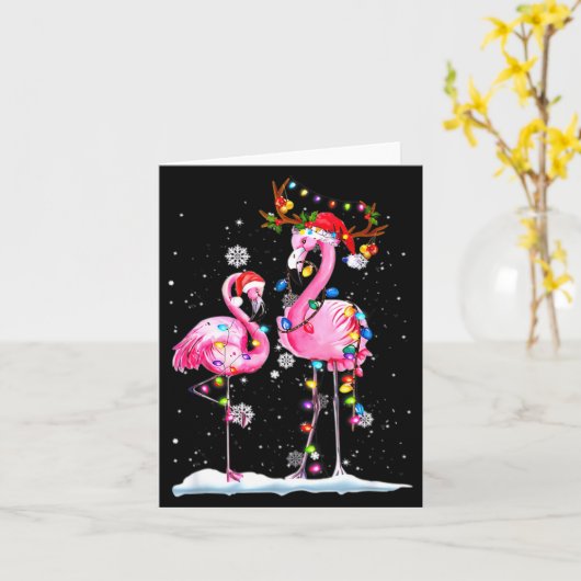 Two Flamingo With Santa Hat And Lights Merry Chris カード (黄色い花)
