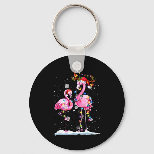 Two Flamingo With Santa Hat And Lights Merry Chris キーホルダー (正面)