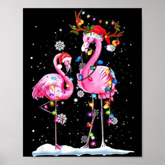 Two Flamingo With Santa Hat And Lights Merry Chris ポスター (正面)