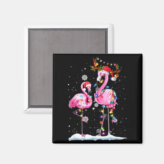 Two Flamingo With Santa Hat And Lights Merry Chris マグネット (正面/裏面)