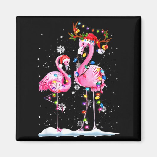 Two Flamingo With Santa Hat And Lights Merry Chris マグネット (正面)