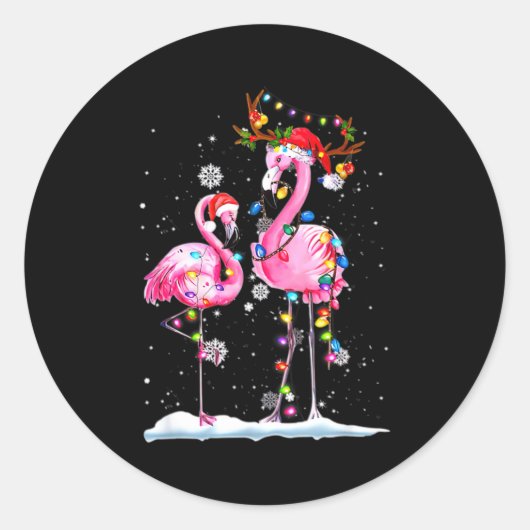 Two Flamingo With Santa Hat And Lights Merry Chris ラウンドシール (正面)